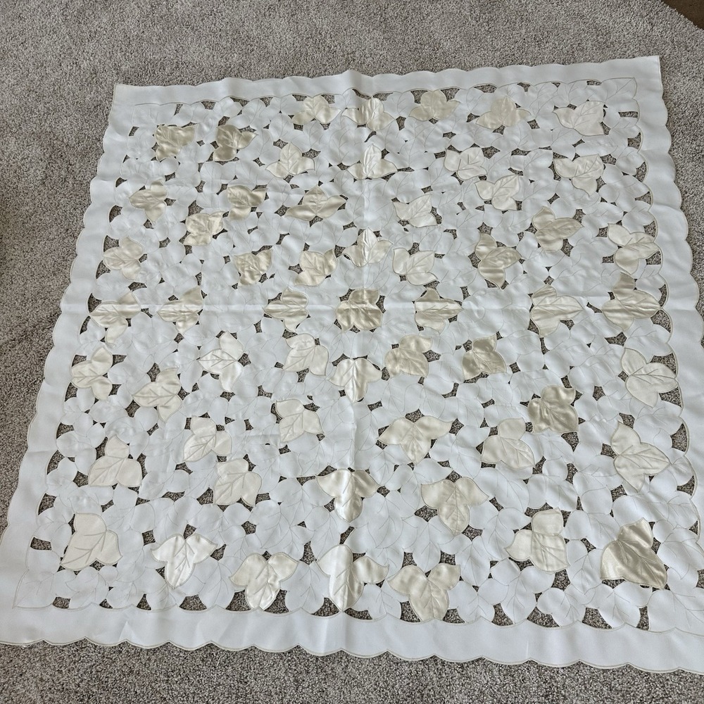 Vintage Fall Autumn Theme Leaves Cutwork Tablecloth Square 44" Neutral Beige